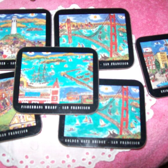Cork Back Coasters San Francisco Landmarks -Home Decor- Vintage- Set of 6 - Picture 2 of 7